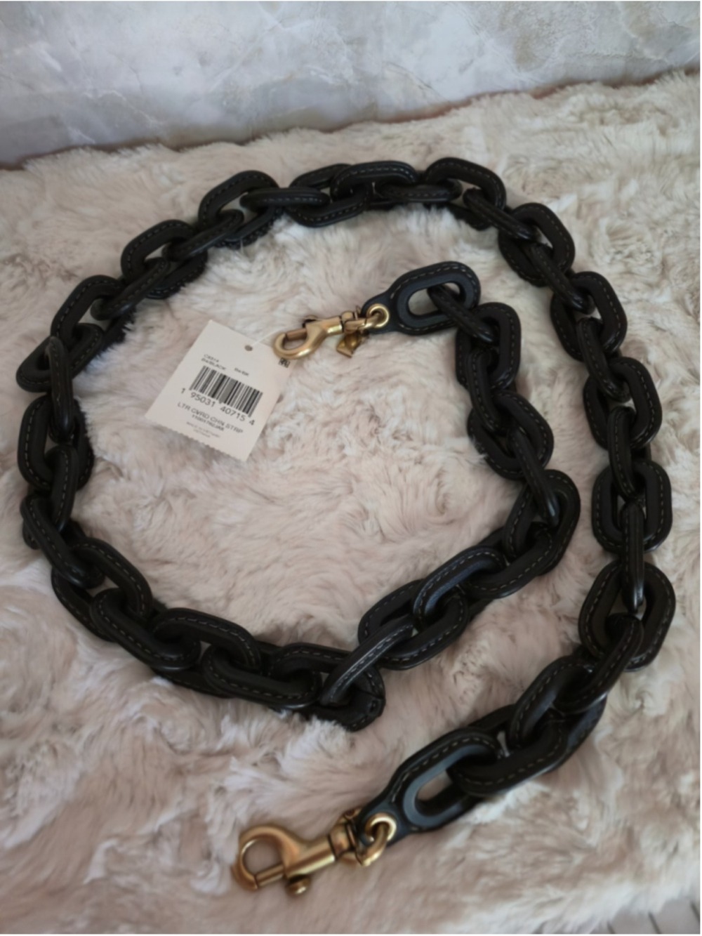NWT Coach Leather Covered Long Chain Strap, Black/Brass